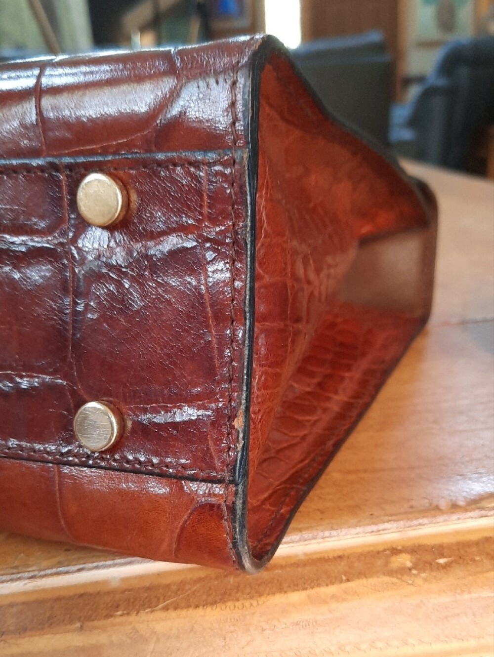 Bally Brown Croc-Embossed Leather Top-Handle Satchel with 'B' Accent - Picture 10 of 14